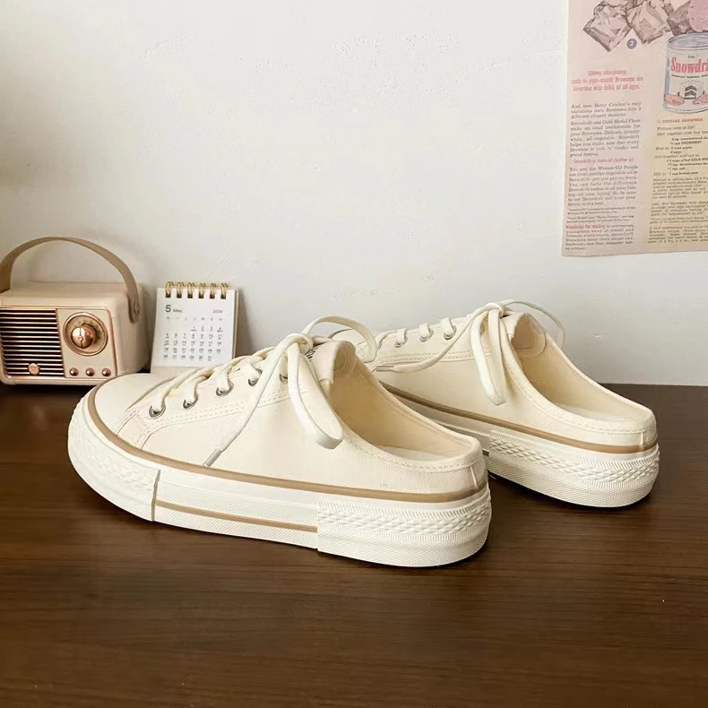 6518 米色 奶油厚底半拖帆布鞋女2024新款潮流懒人一脚蹬小白鞋