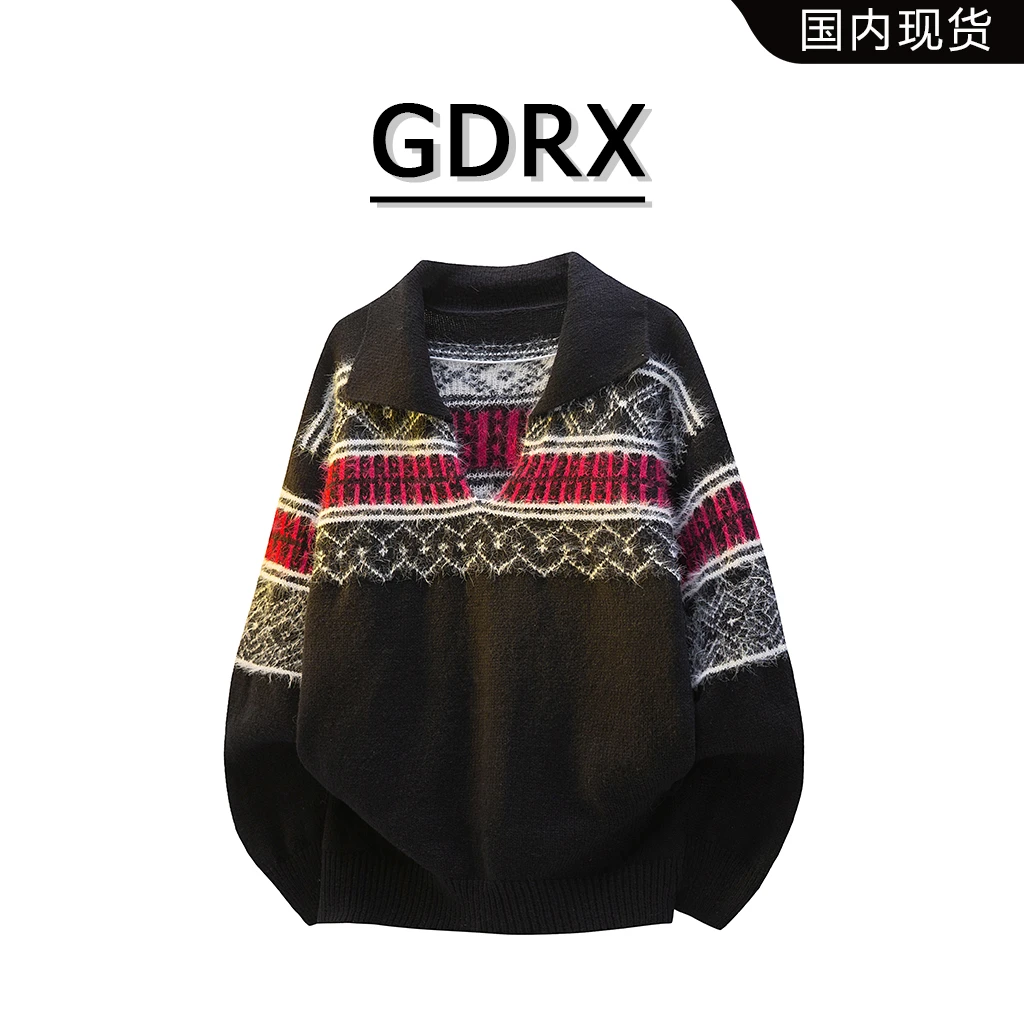 GDRX美式民族风翻领男毛衣2025冬季新款宽松保暖休闲上衣轻奢男装