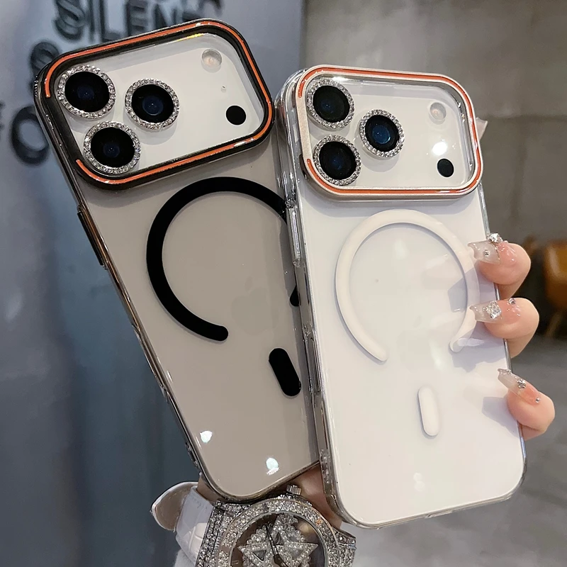 适用苹果系列iPhone17新款手机壳高级感鎏金透明磁吸半包大孔支架