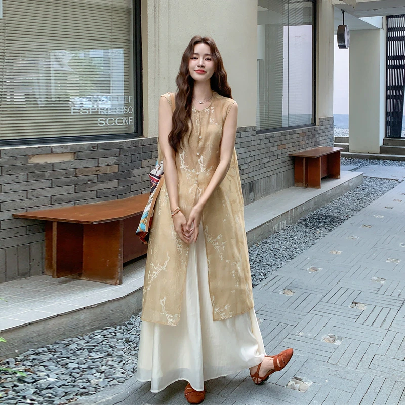 新中式清冷国风氛围感套装裙2025夏季新款气质印花长款上衣半身裙