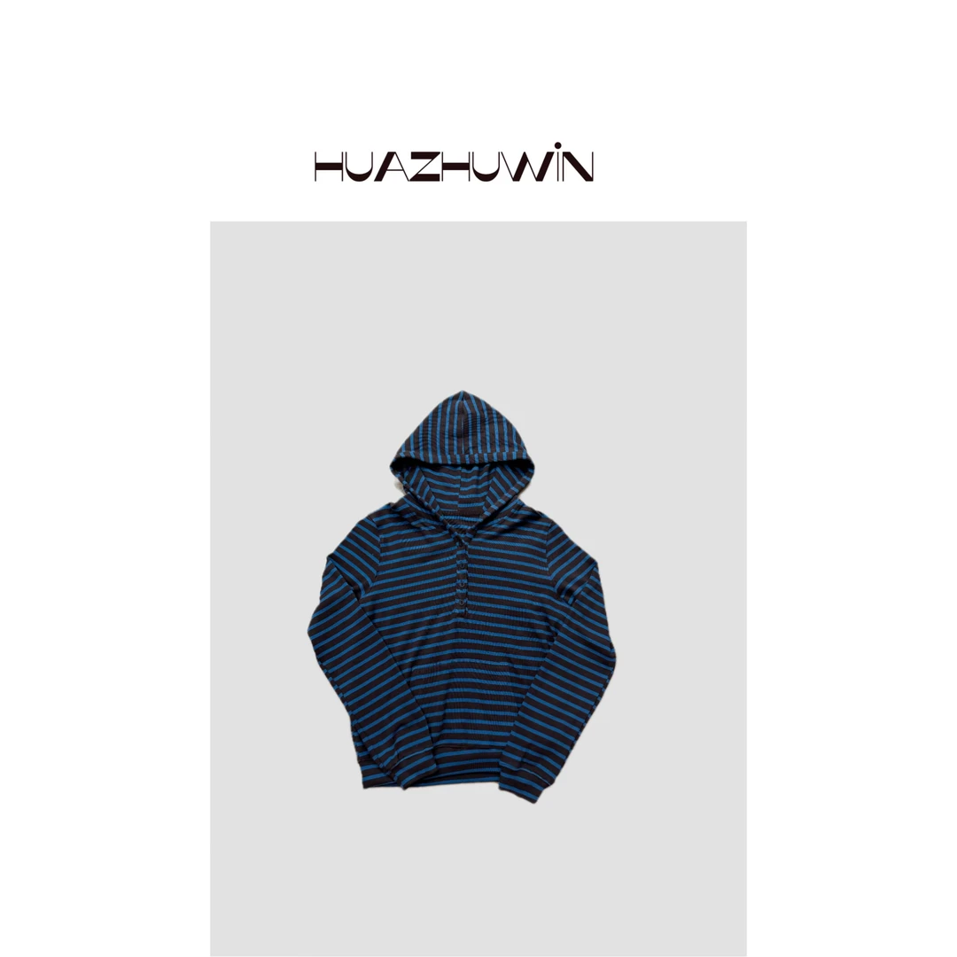 HZ-原单蓝咖条纹连帽多扣套头卫衣