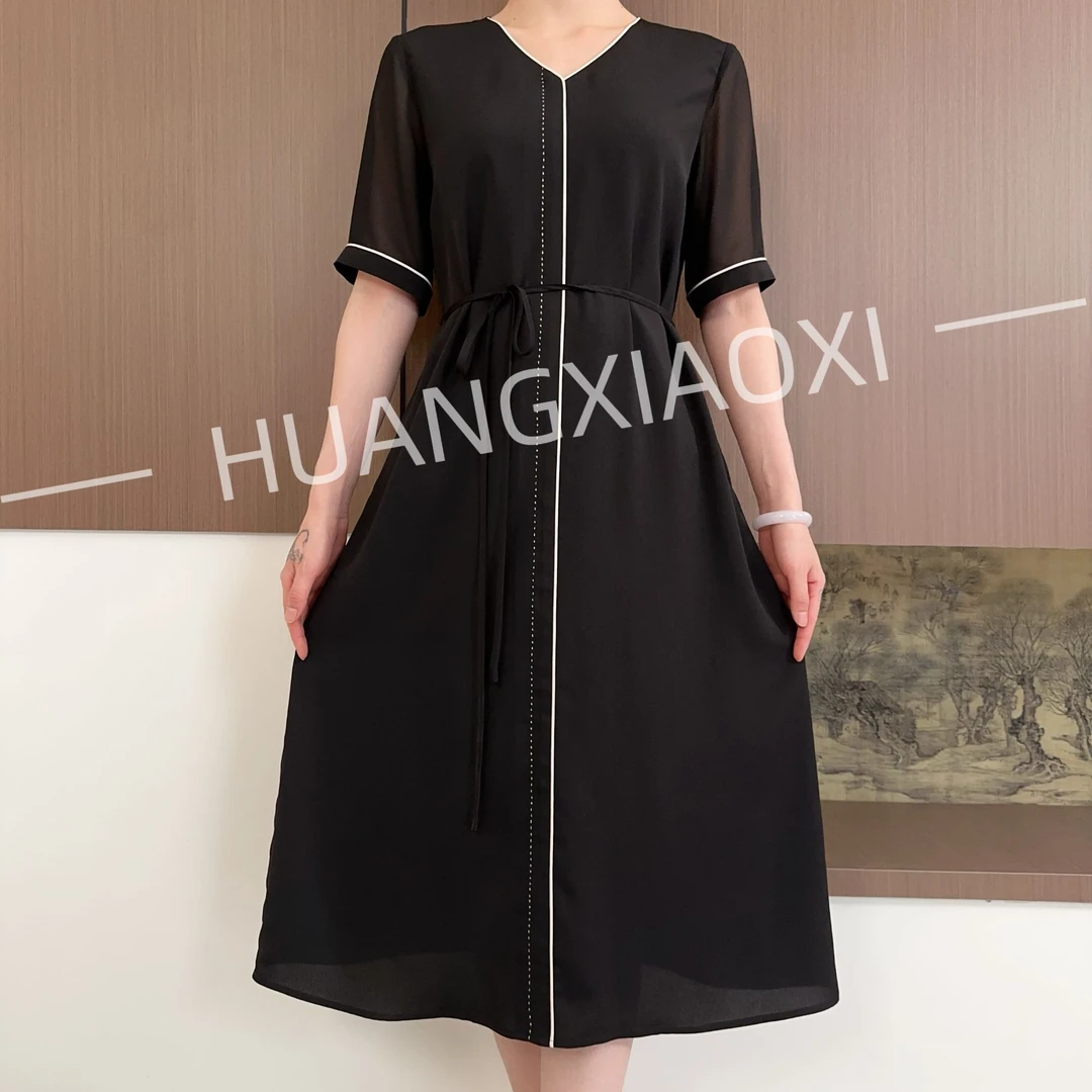 HUANGXIAOXI V领明线款小黑裙优雅气质高级感连衣裙 HXX-296