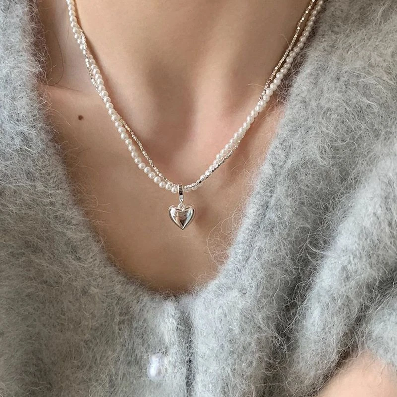 吊坠925银玻璃 双层缠绕碎银子珍珠爱心项链女百搭轻奢气质感叠