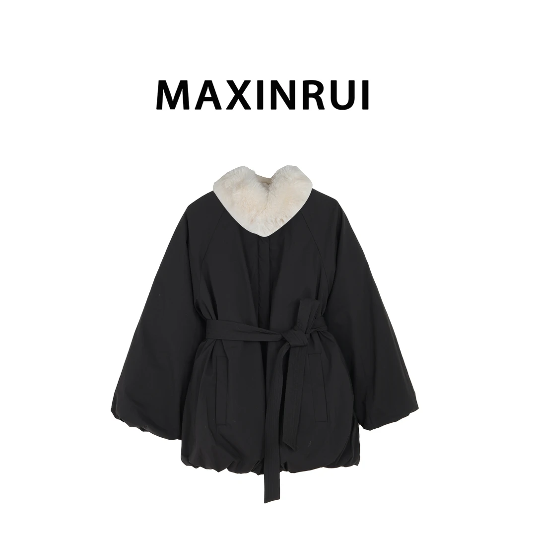 MAXINRUI 设计师款花苞收褶设计毛领显瘦羽绒服RRE24186