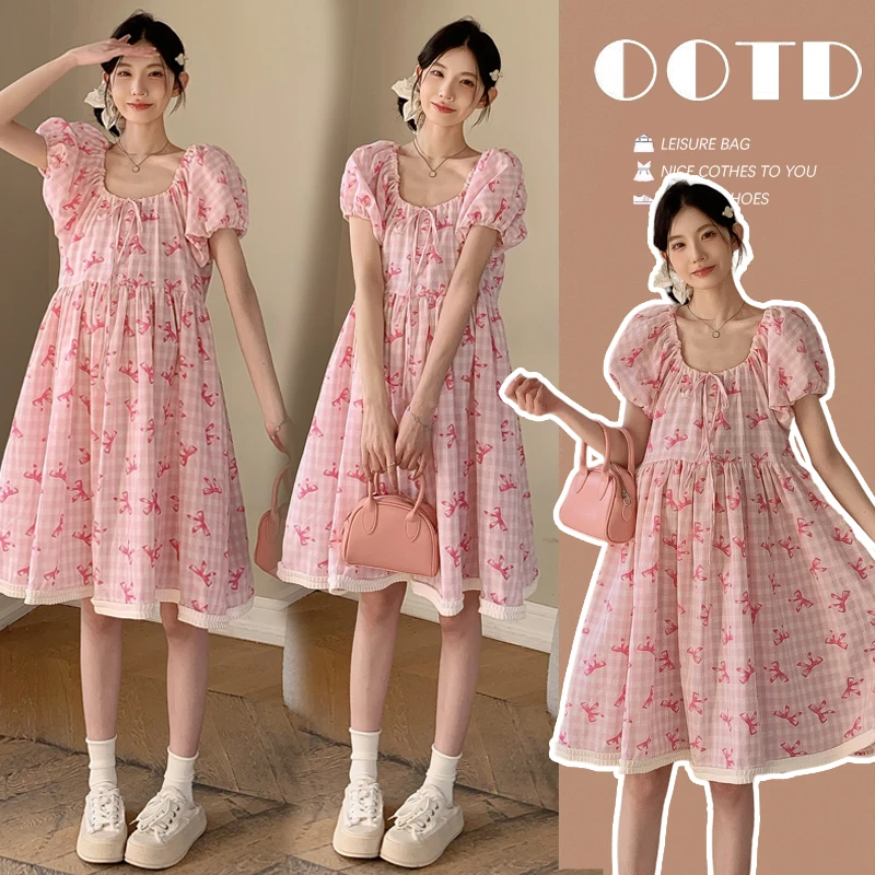 2025小个子孕妇夏装甜美减龄短袖连衣裙宽松娃娃裙孕妇裙大码碎花