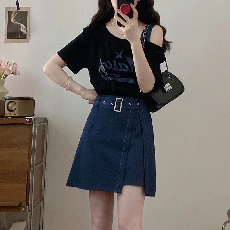 韩系时尚假两件短袖连衣裙女夏季设计感斜肩印花拼接收腰a字短裙