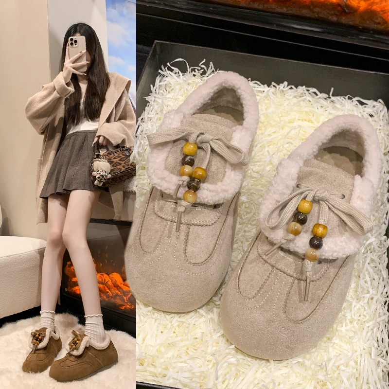 厚底外穿加绒豆豆鞋女2025新款冬季保暖加厚防滑棉鞋女