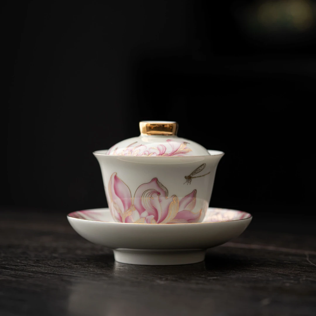 情投意荷2号三才盖碗陶瓷介杯茶碗（元宝型）喝茶茶具高温泡茶器具