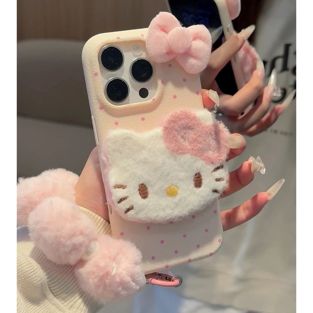 雅天立秋冬可爱毛绒KT适用苹果17promax挂绳手机壳iPhone15少女16