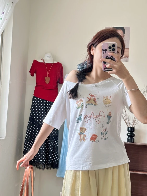 斜领百搭T恤一字领套装时尚拼接透气短袖宽松印花