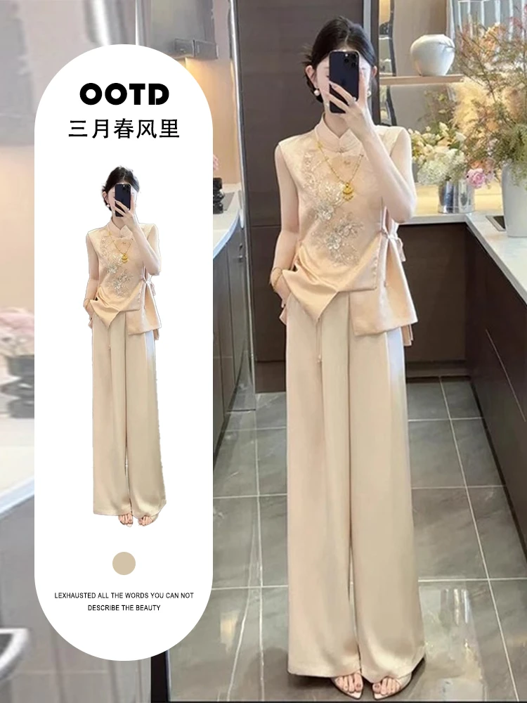 新中式女装禅意套装夏季2025新款中国风盘扣缎面上衣阔腿裤两件套