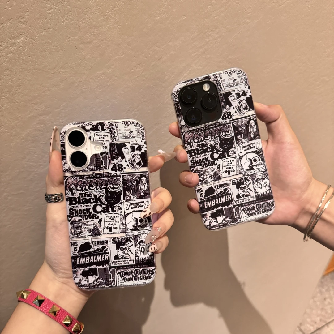 卡通黑白漫画imd适用苹果16/15华为p70手机壳iPhone/oppo防摔
