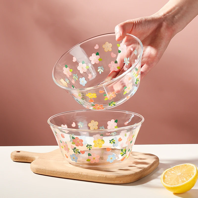 两只装小花系列800ml玻璃大碗家用米饭碗汤碗水果沙拉碗