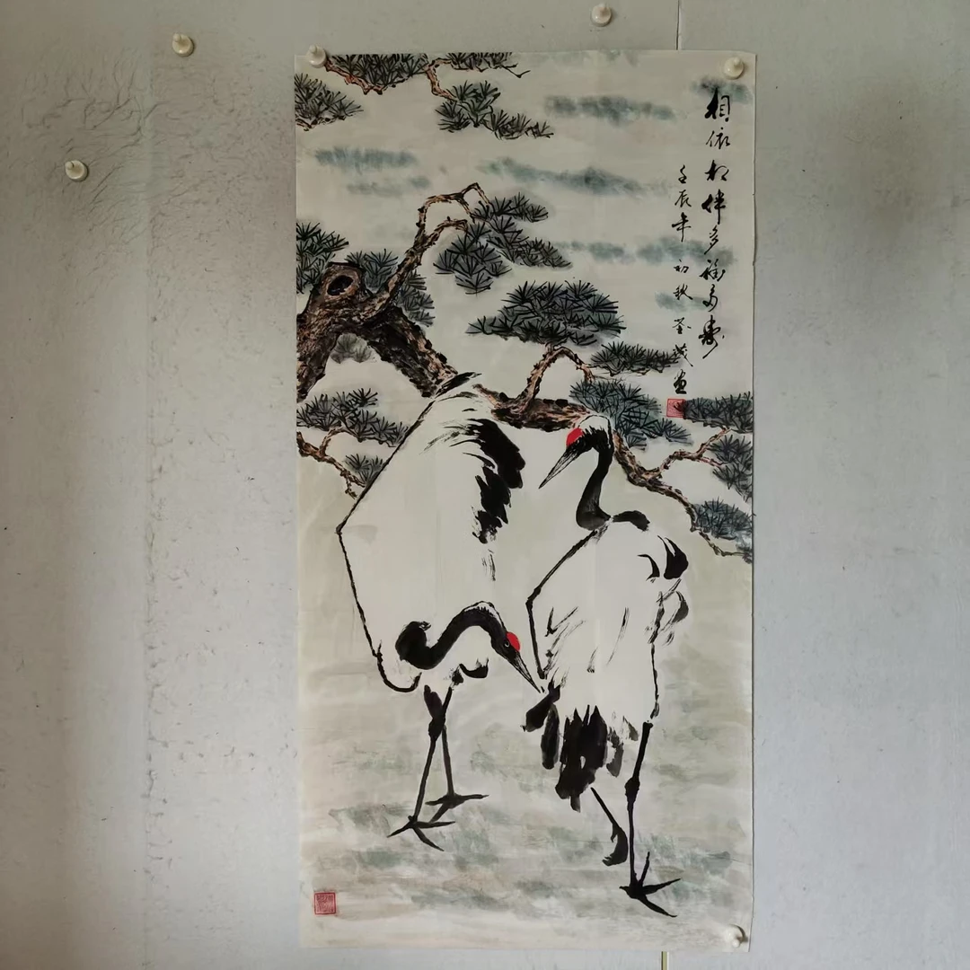 4735 多年前纯手绘老字画《松鹤延年》中堂  尺寸 137×68