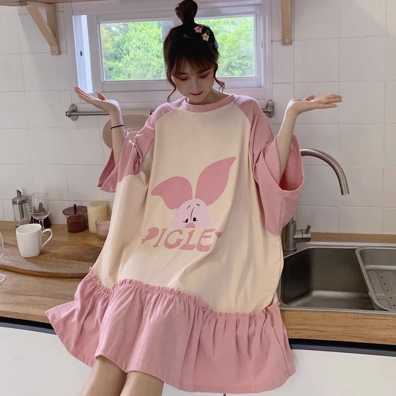 睡裙女夏季2025年新款少女睡衣大码200斤可爱小猪薄款孕妇睡衣裙