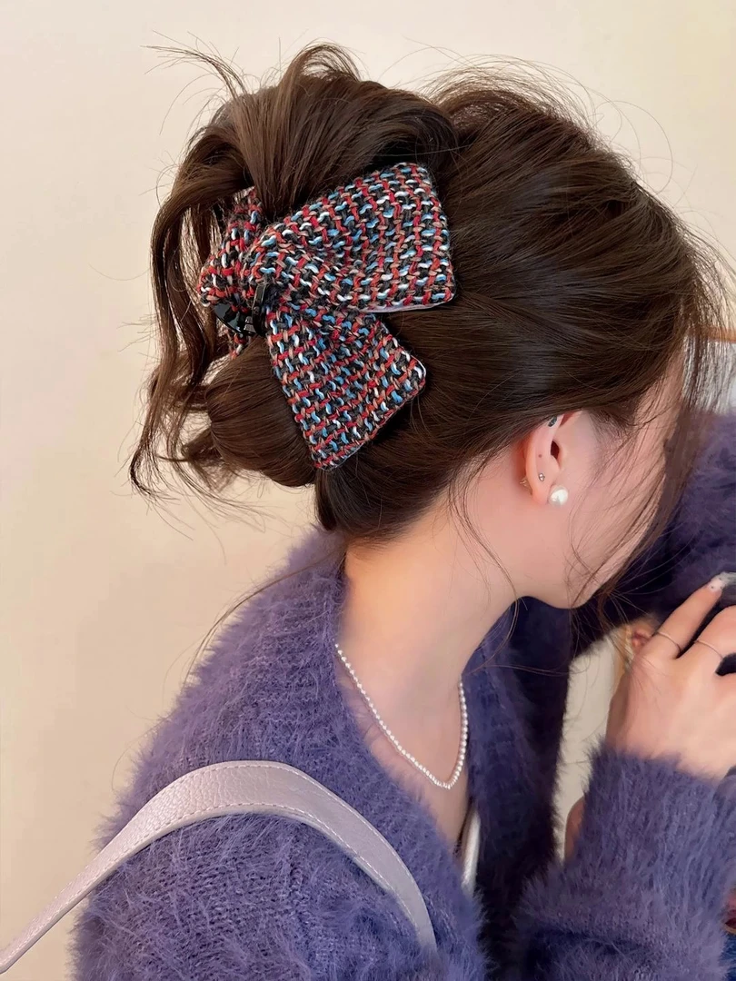 气质毛呢格子三角抓夹女高级感优雅发夹后脑勺鲨鱼夹子头饰发饰
