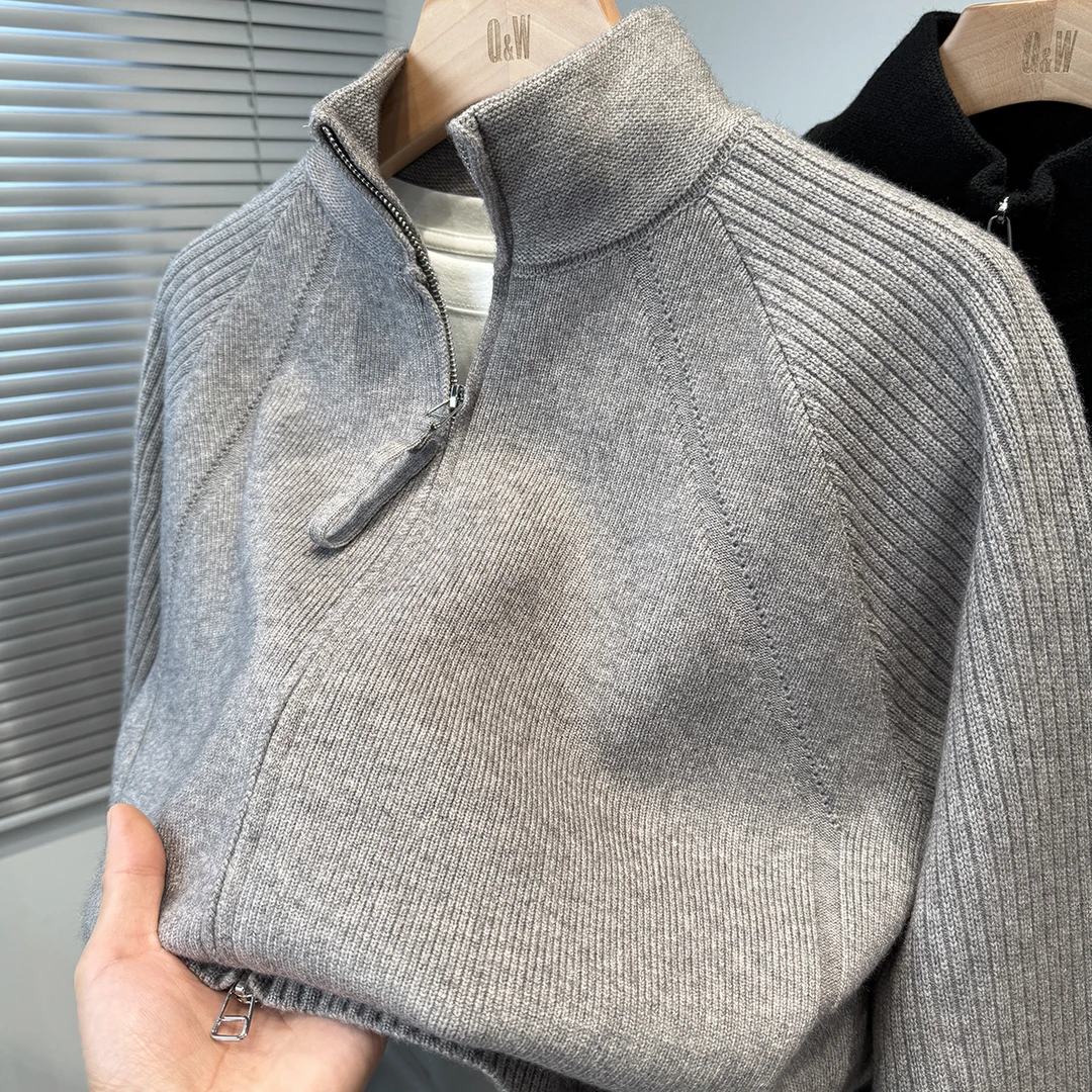 拉链半高领开衫男韩版宽松秋冬季加厚毛衣外套男款休闲外搭纯色潮