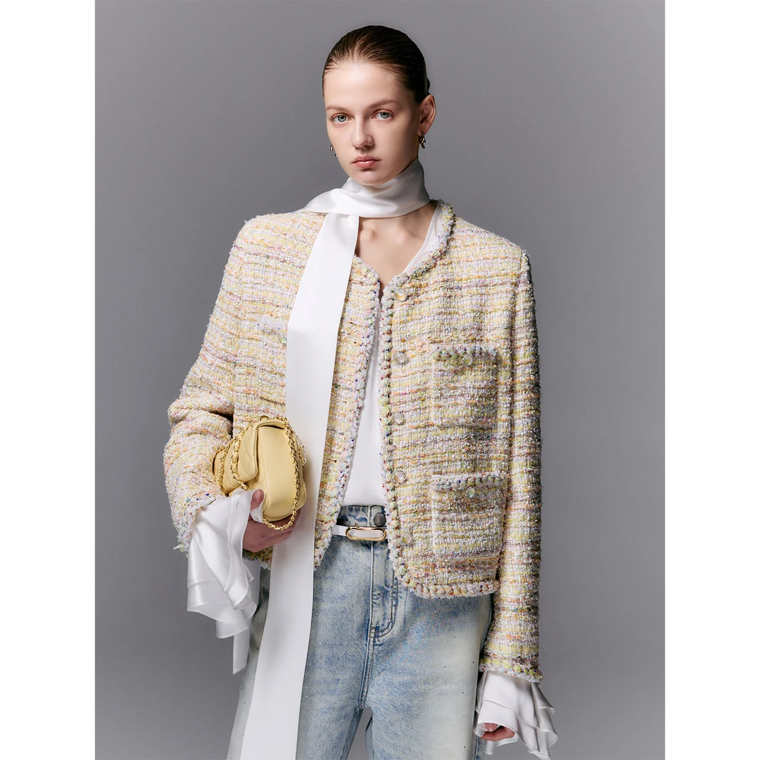 玖着'巴塞罗那'限量法国高定ACT3双C御用桑蚕丝粉彩花呢香风外套