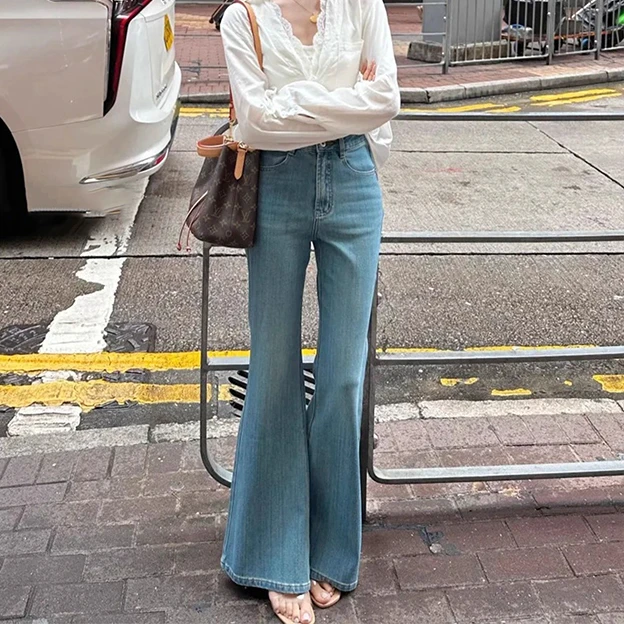 拉夏贝尔高腰弹力微喇牛仔裤2025秋季复古气质女款垂感显瘦喇叭裤