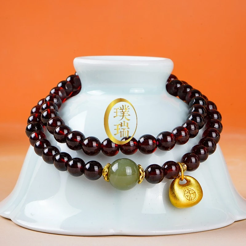 天然双圈石榴石顶珠和田玉配小福袋吊坠手链 多样性发一 SL556