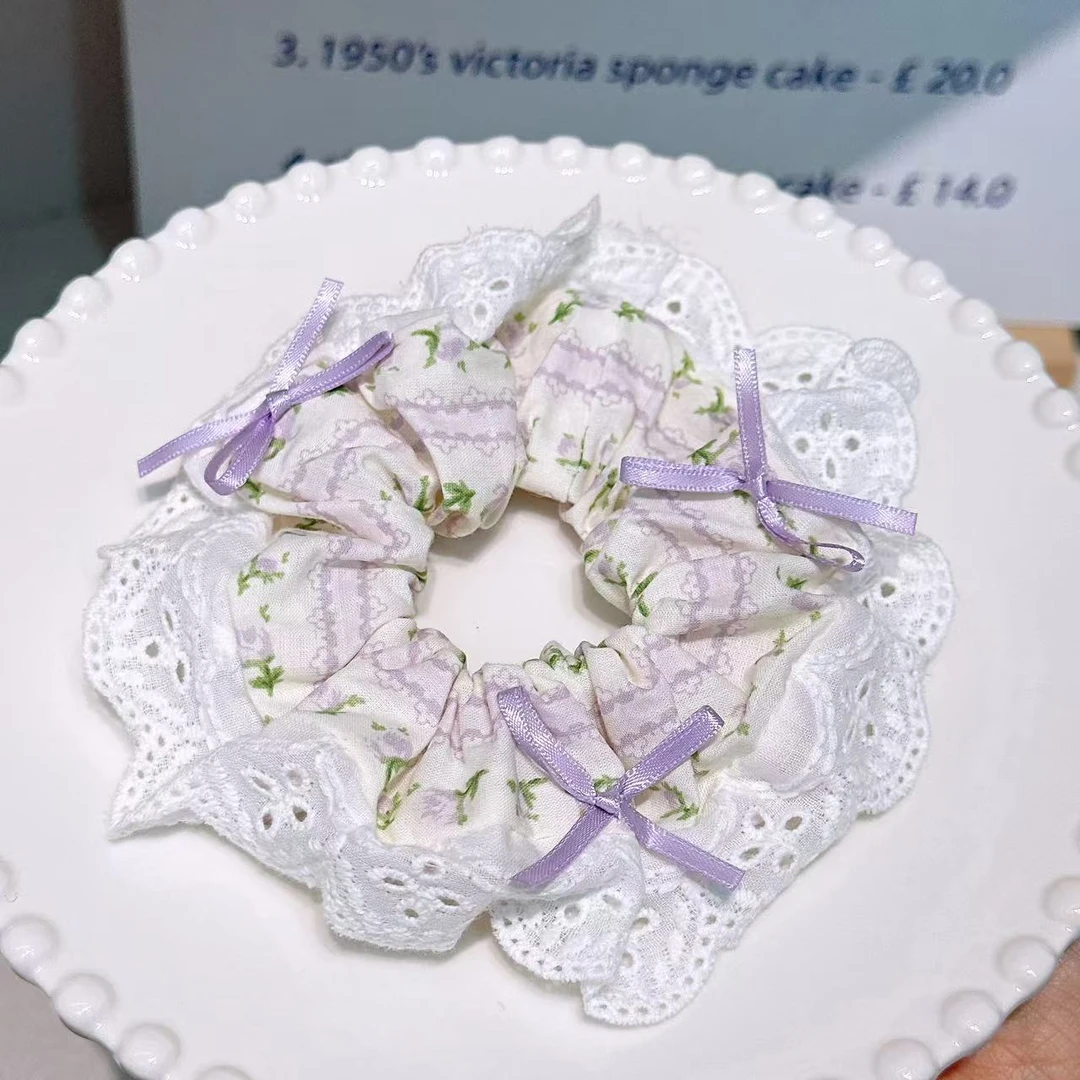 A-6869  dl 1个紫色碎花布艺花边蝴蝶结小清新耐用肠圈      发圈