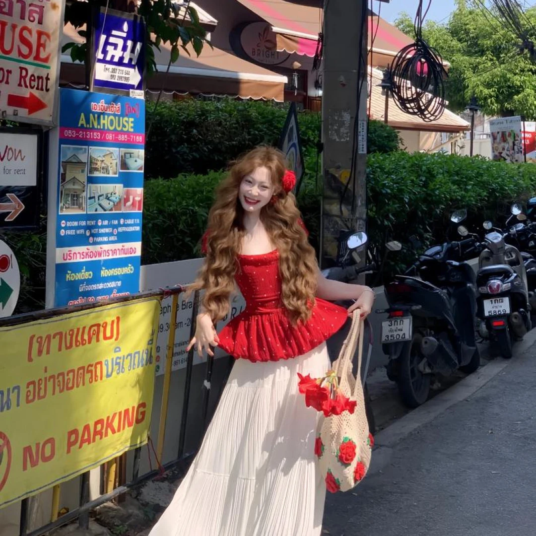 2025夏季新款韩系穿搭甜美风红色波点上衣高腰半身裙显瘦两件套女