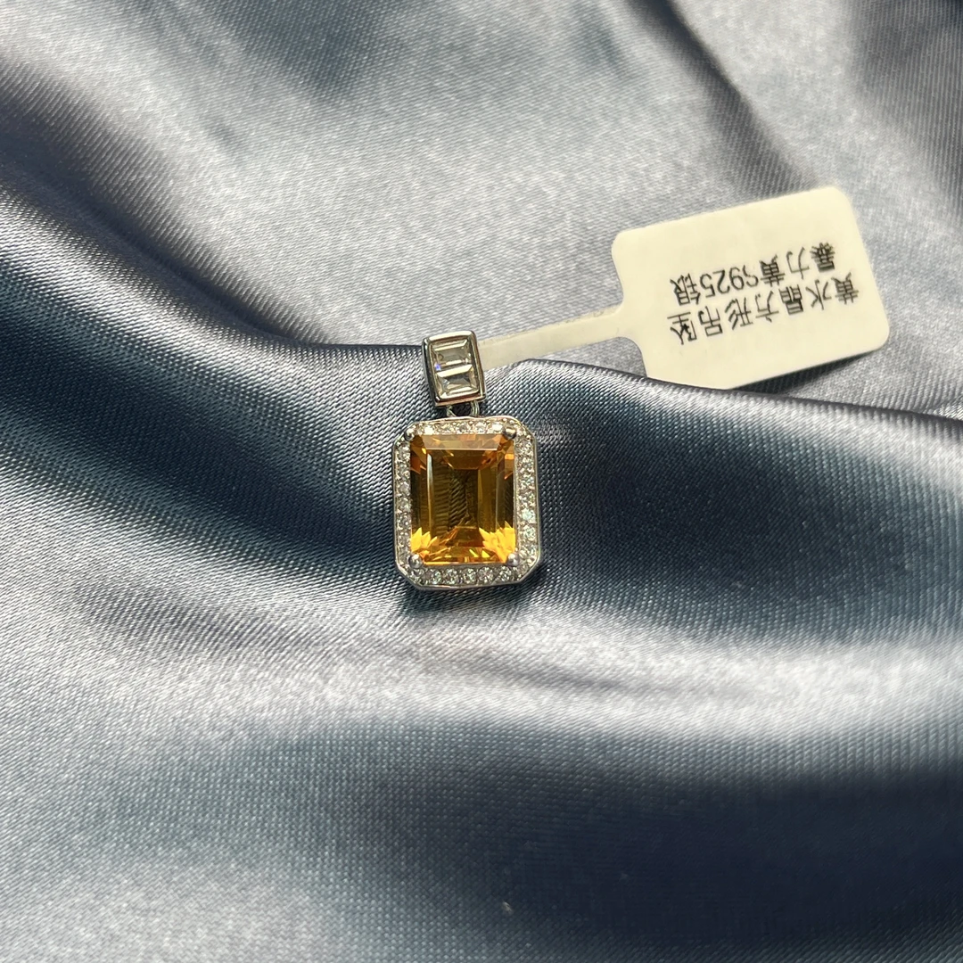 黄水晶方形吊坠暴力黄S925银