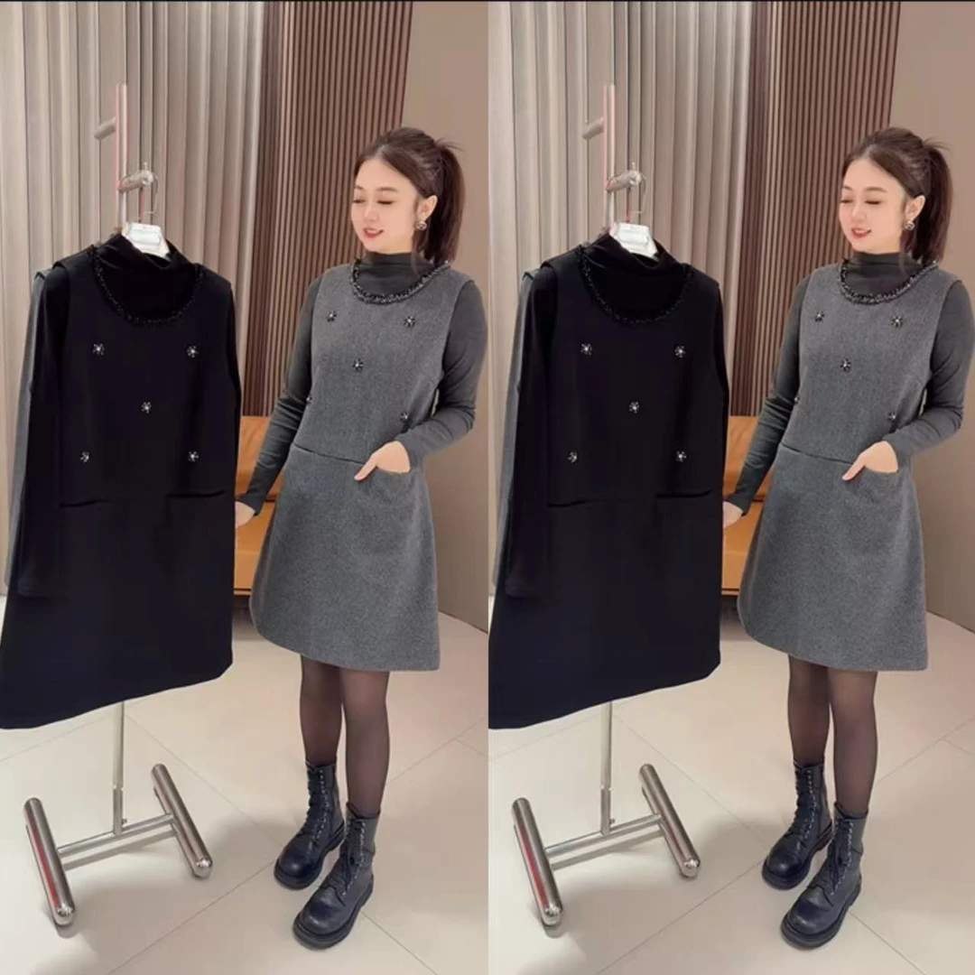 新款精致显瘦重工小香风两件套【连衣裙+长袖衫】浮色浮毛正常