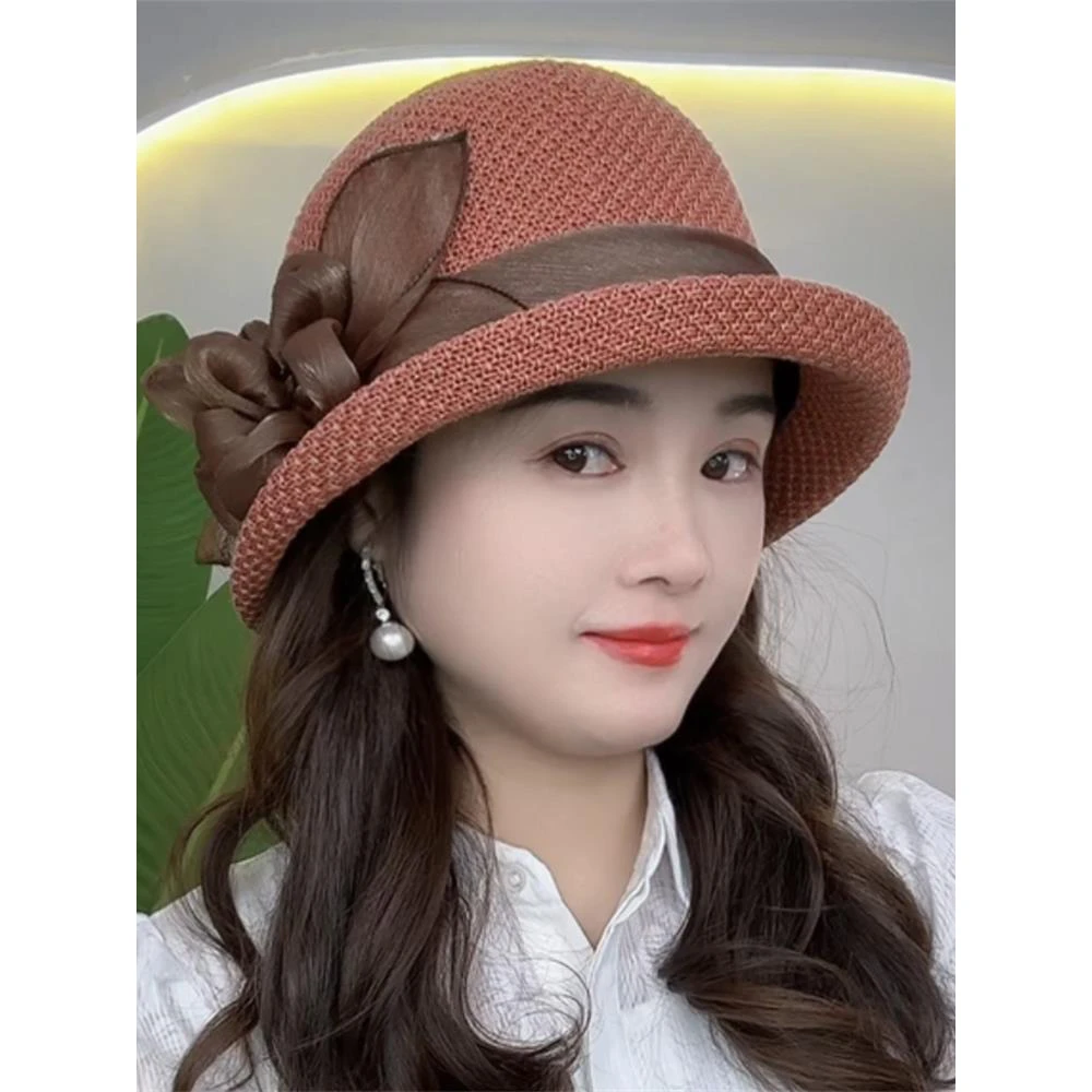 时尚英伦花朵礼帽女夏季遮阳防晒帽子法式卷边太阳帽户外网纱盆帽