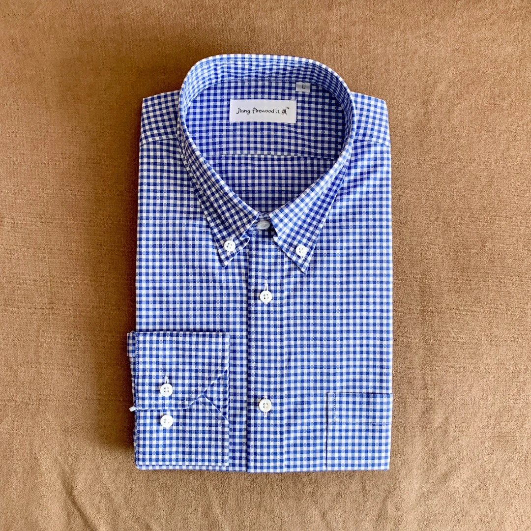 JiangFirewood江樵蓝白圆点小格纹衬衣商务休闲男长袖休闲纽扣领