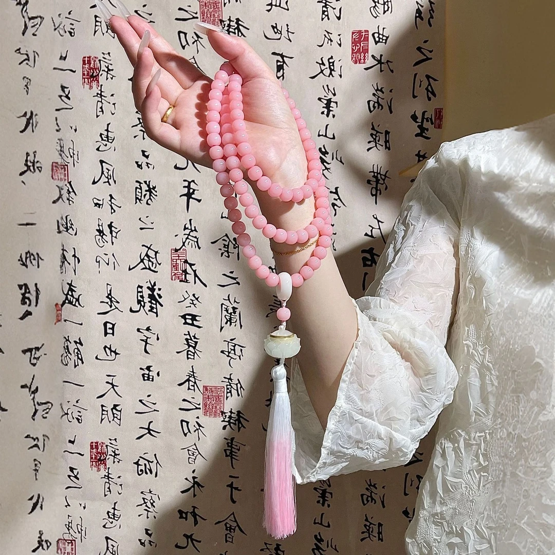 桃花粉菩提手串108颗莲花白菩提菩提手持中式国风女单圈念珠手持