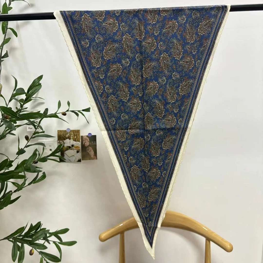 【远山腰果】蓝色系显白桑蚕丝羊毛围巾菱形巾披肩丝巾130×42cm