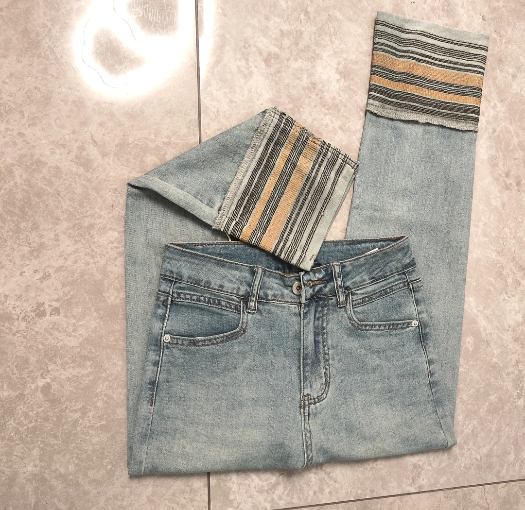 （断码清货）韩式弹力卷边九分烟管牛仔裤