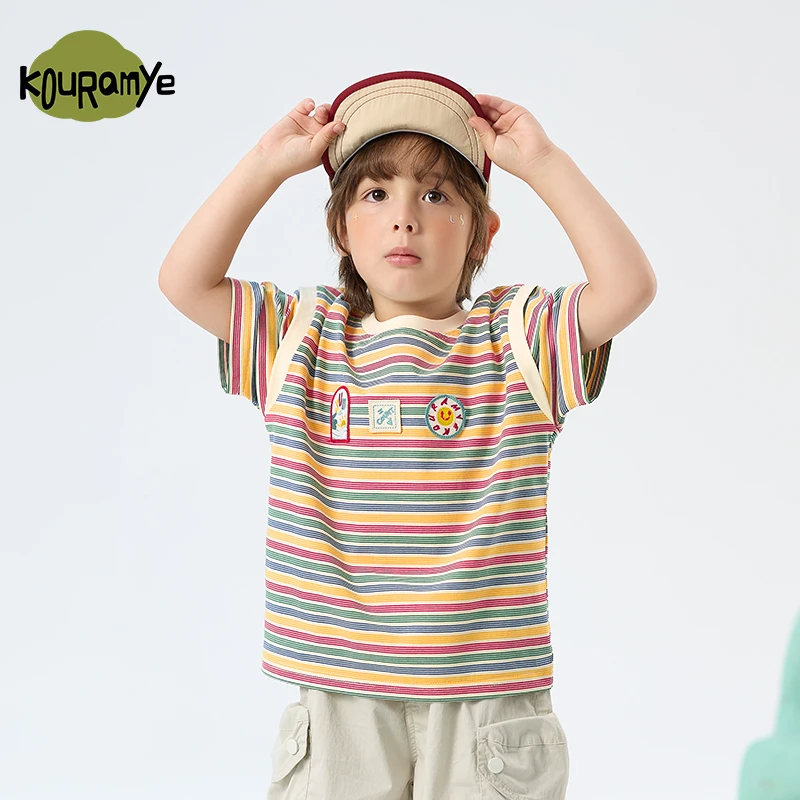 酷娃米2025年夏季新款中小童百搭多彩条纹撞色T恤20789