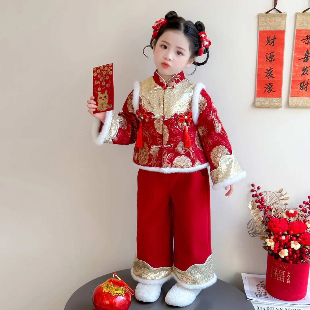 女童拜年服套装冬季2025新洋气宝宝国风新中式唐装儿童加厚两件套