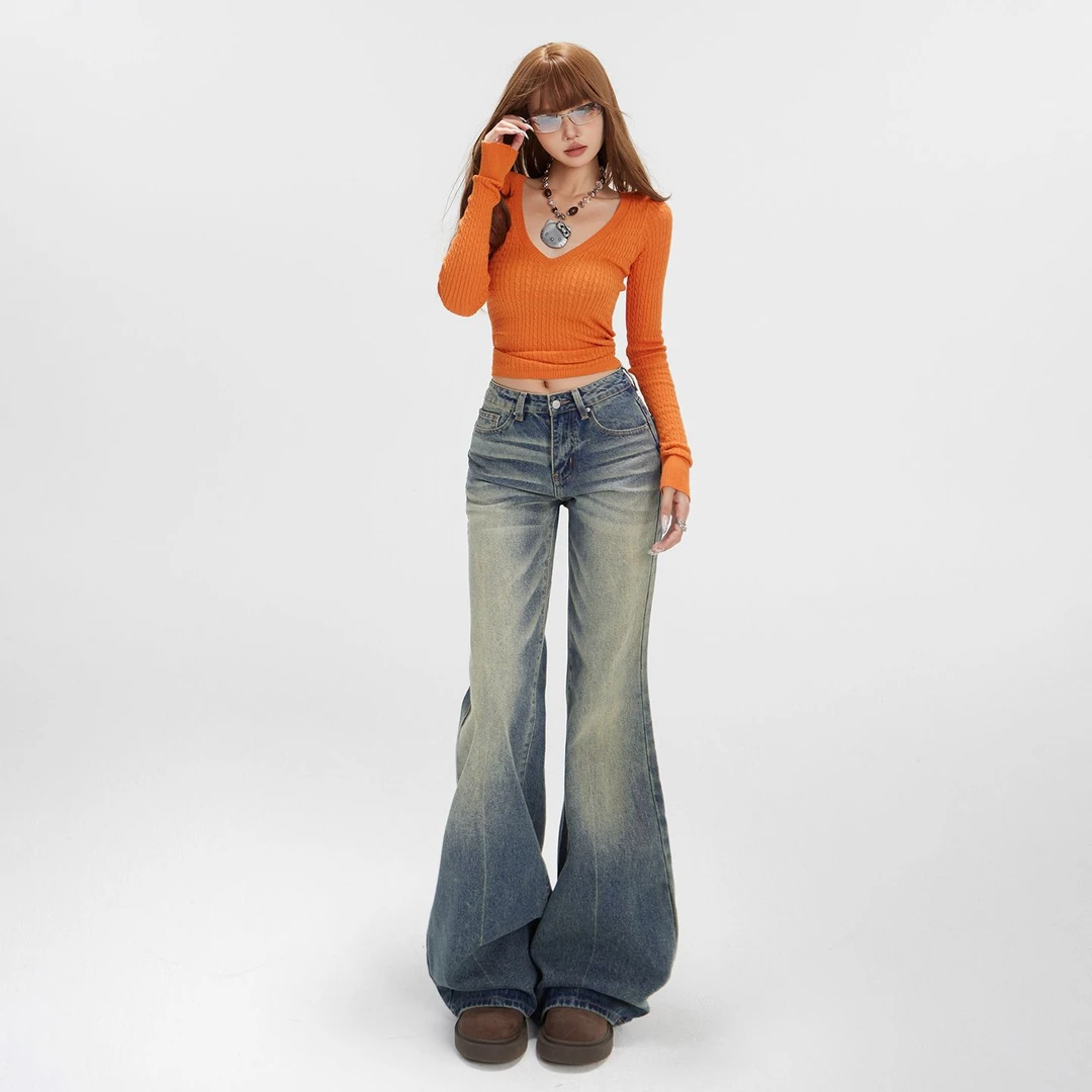 美式复古水洗低腰辣妹微喇叭裤宽松垂感百搭显瘦初秋牛仔裤女拖地