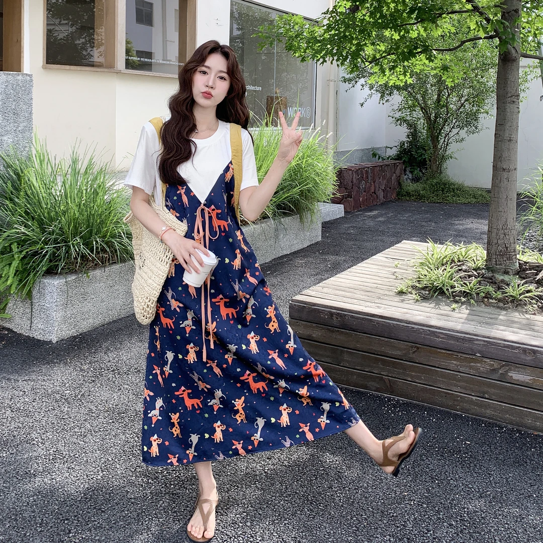 蓝色连衣裙女2025夏季新款韩系复古气质减龄假两件卡通印花T恤裙