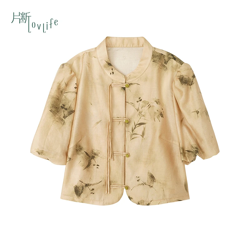 片断衬衫女新款立领泡泡袖国风印花复古时尚别致短款上衣