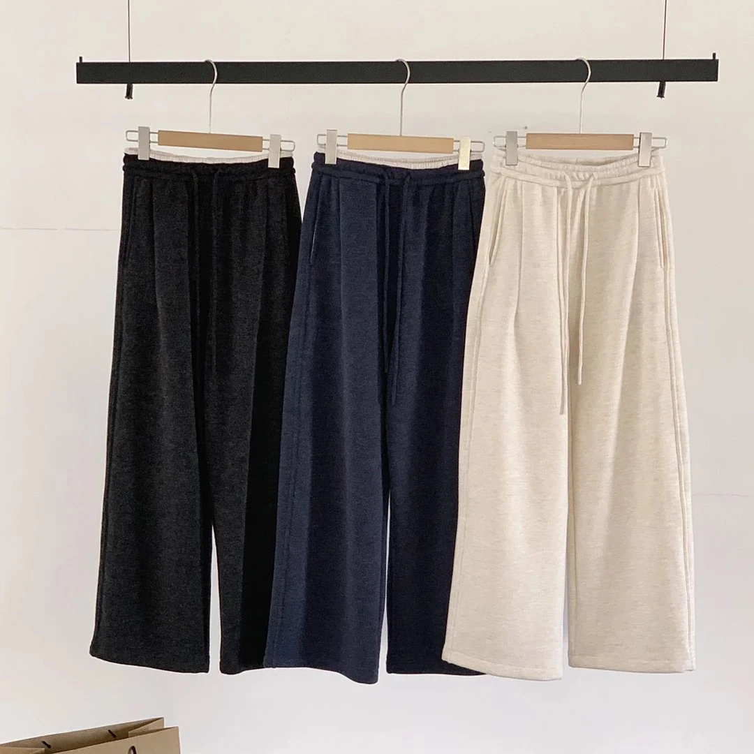 989秋冬加绒加厚慵懒风糯米阔腿裤 高腰直筒垂感百搭