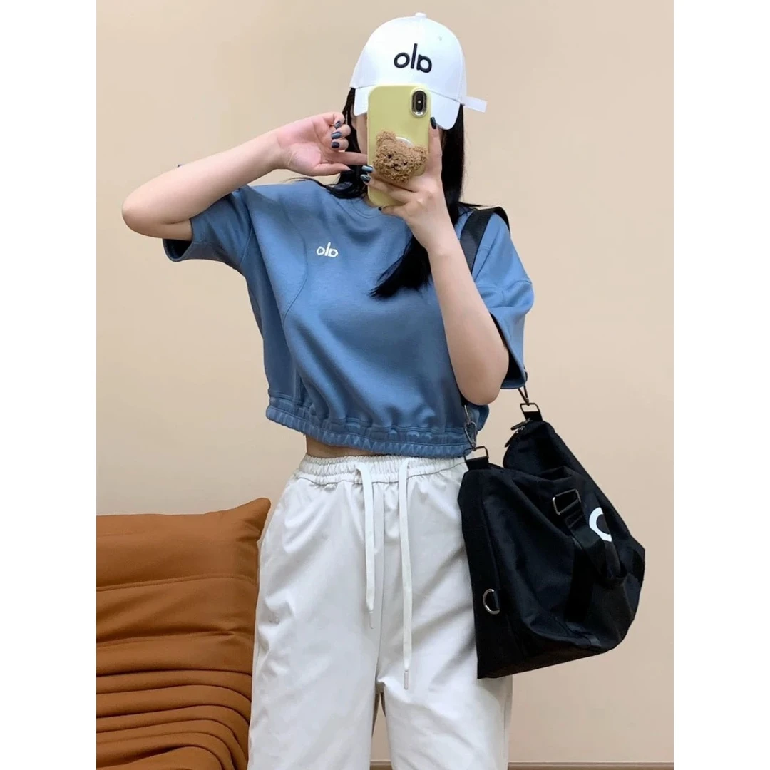 洋气衣服女 alo春夏新款空气层瑜伽短款T恤运动立体字母束腰上衣