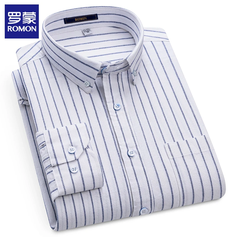 罗蒙100%纯棉长袖男士衬衫中青年休闲条纹寸衫春秋牛津纺格子衬衣