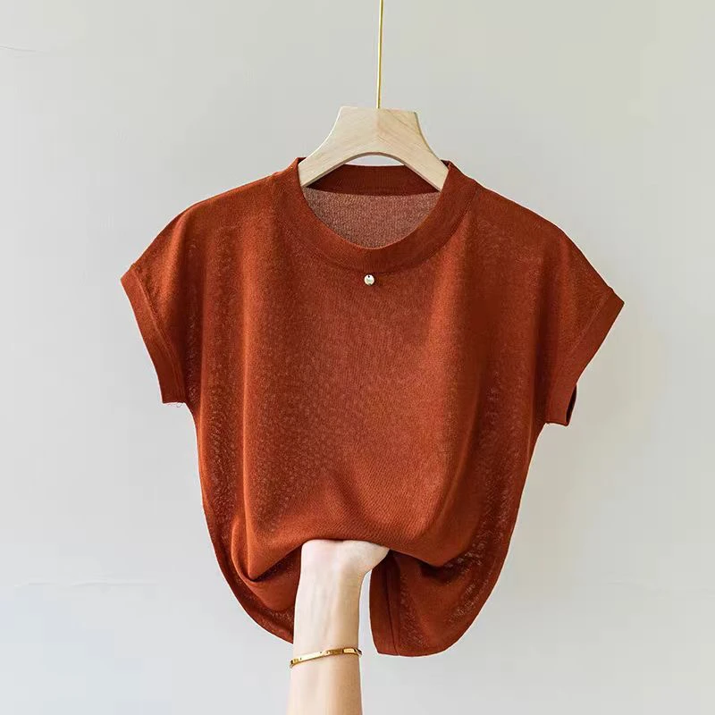 飞飞袖针织短袖上衣显瘦圆领纯色轻薄透气休闲时尚气质夏季百搭