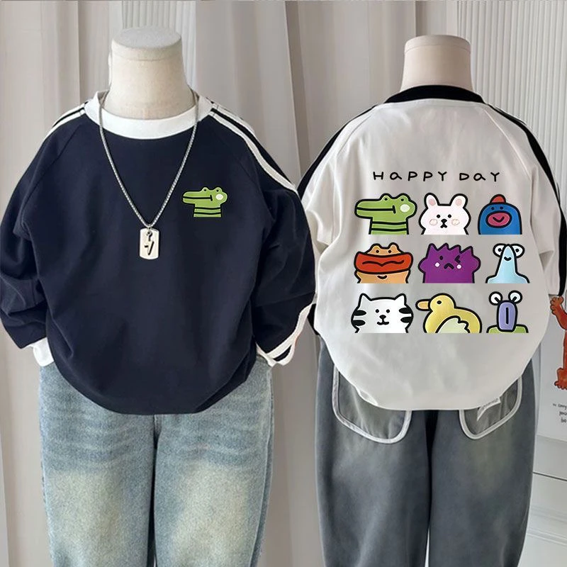 春秋儿童新款中小童洋气卡通图案纯棉长袖男女童t恤宽松打底衫薄