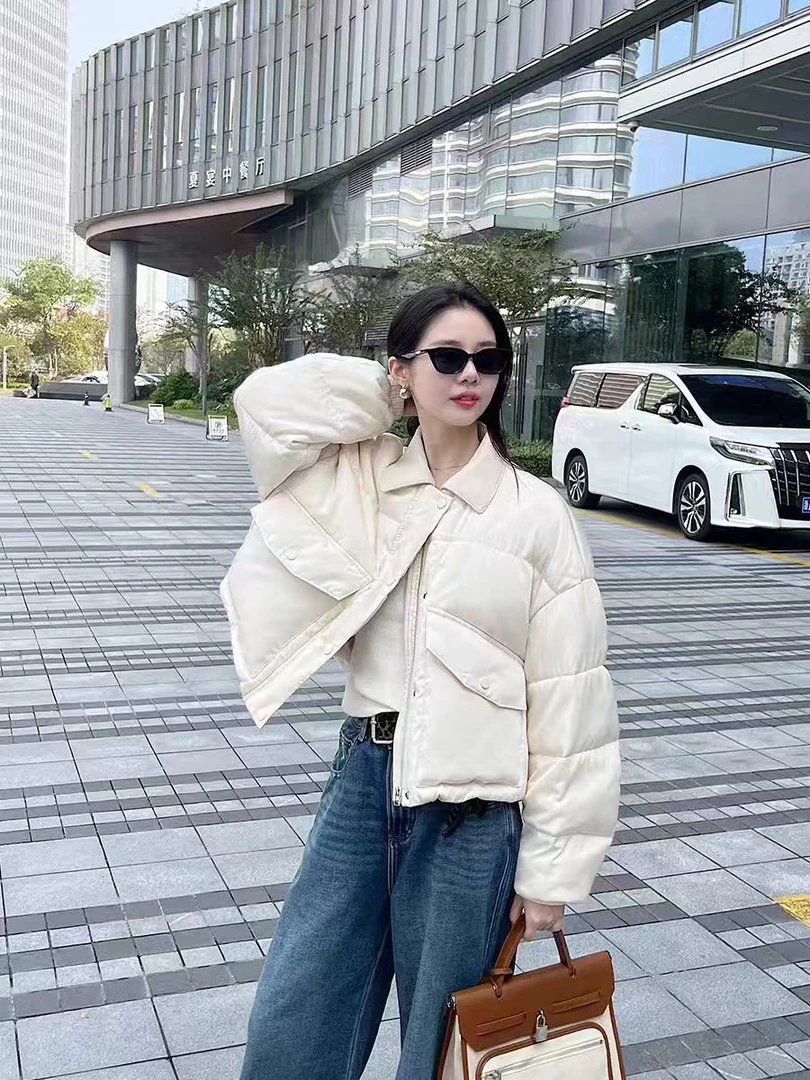 清仓简约白搭拼接羊皮时尚减龄鹅绒服羽绒服