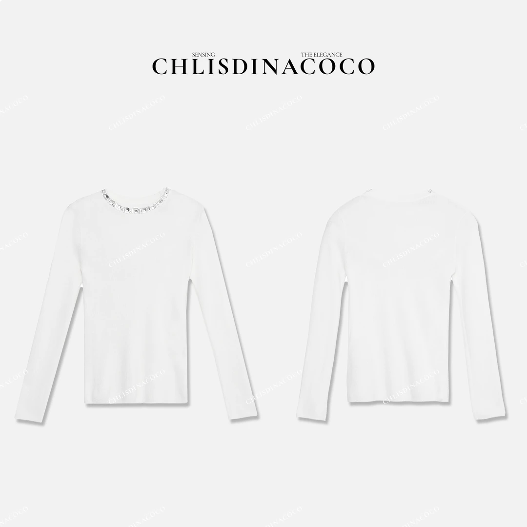 AR丨“玫瑰陛下“领口钉钻设计长袖T恤 C9L070CT251