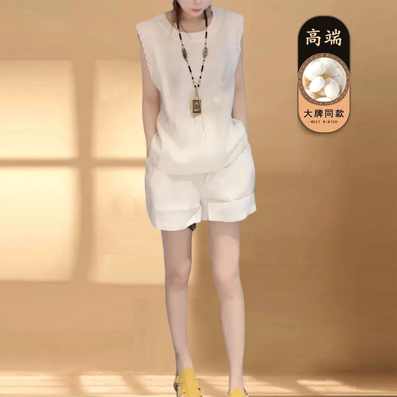 夏季新款薄款蕾丝亚麻套装宽松显瘦开叉洋气透气半包袖短裤两件套