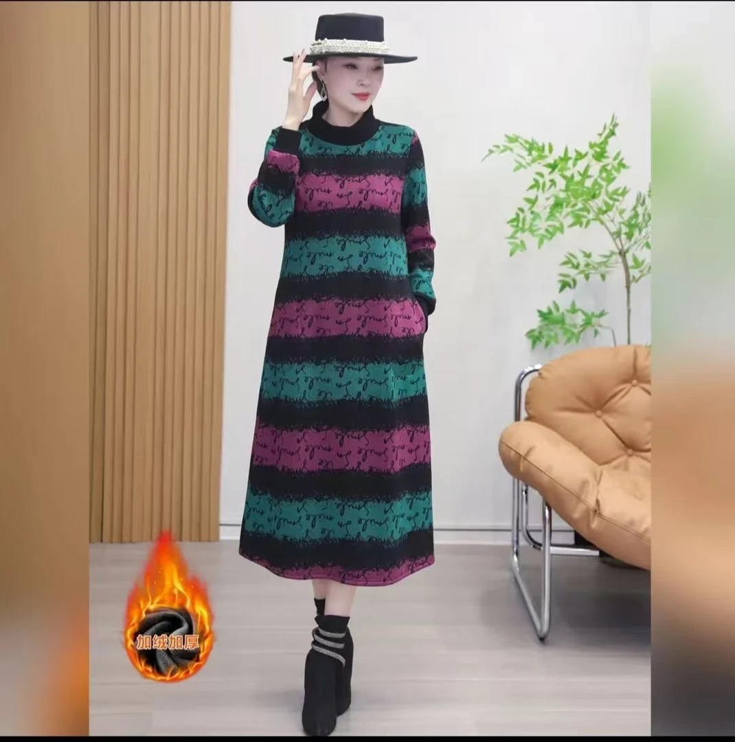 冬季长袖显瘦高领保暖气质连衣裙时尚加绒加厚秋冬妈妈装女装裙子