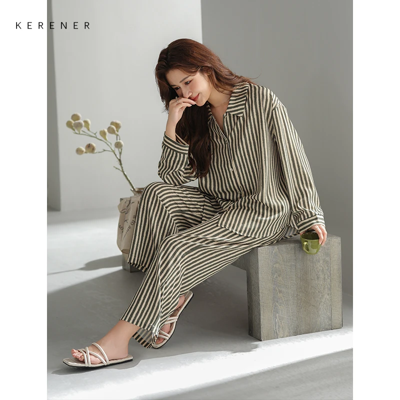 可人儿原创设计新款超柔缎女士睡衣春秋长袖时尚可外出家居服套装