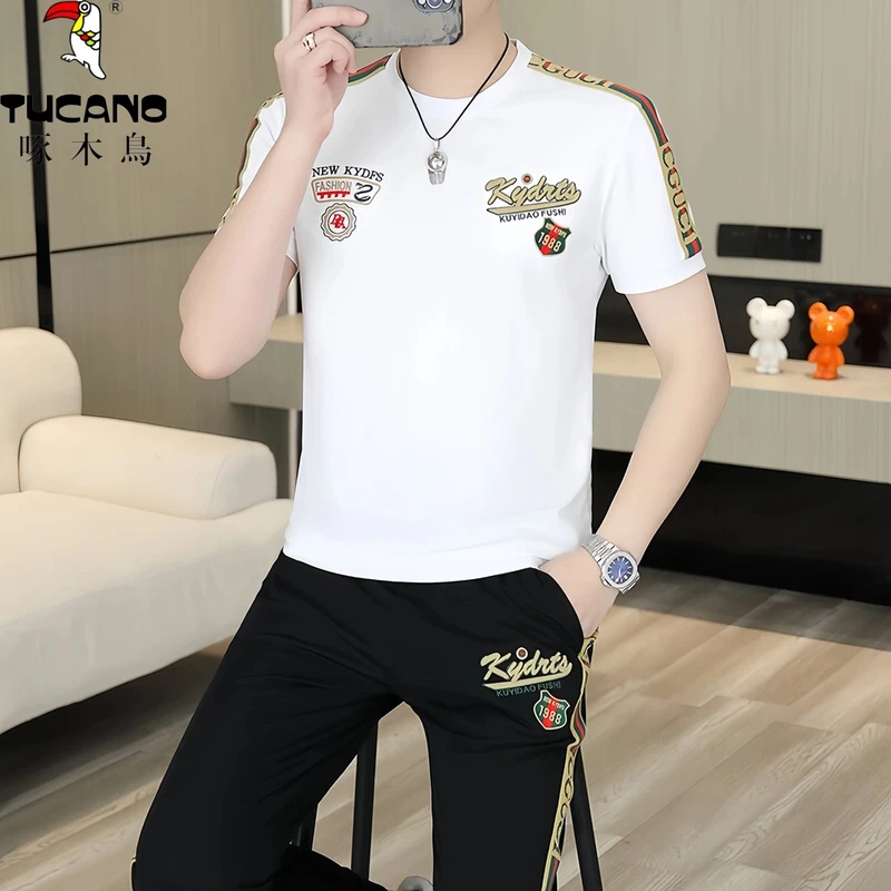 啄木鳥欧版圆领短袖套装男士2025夏季新款刺绣潮流T恤长裤两件套