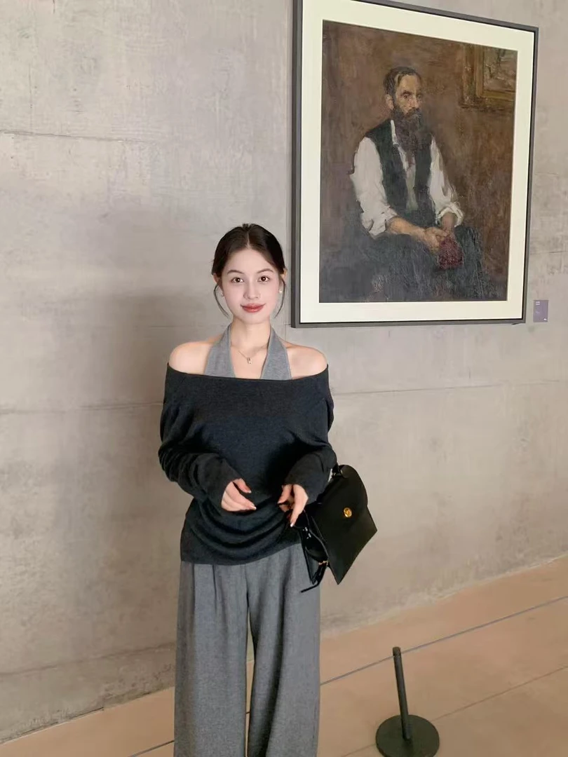 2025秋季新款韩系一字领斜肩假两件挂脖针织上衣女长袖T恤休闲裤